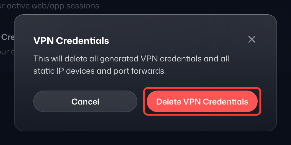 Окно подтверждения «Учётные данные VPN» с выделенной кнопкой «Удалить учётные данные VPN»