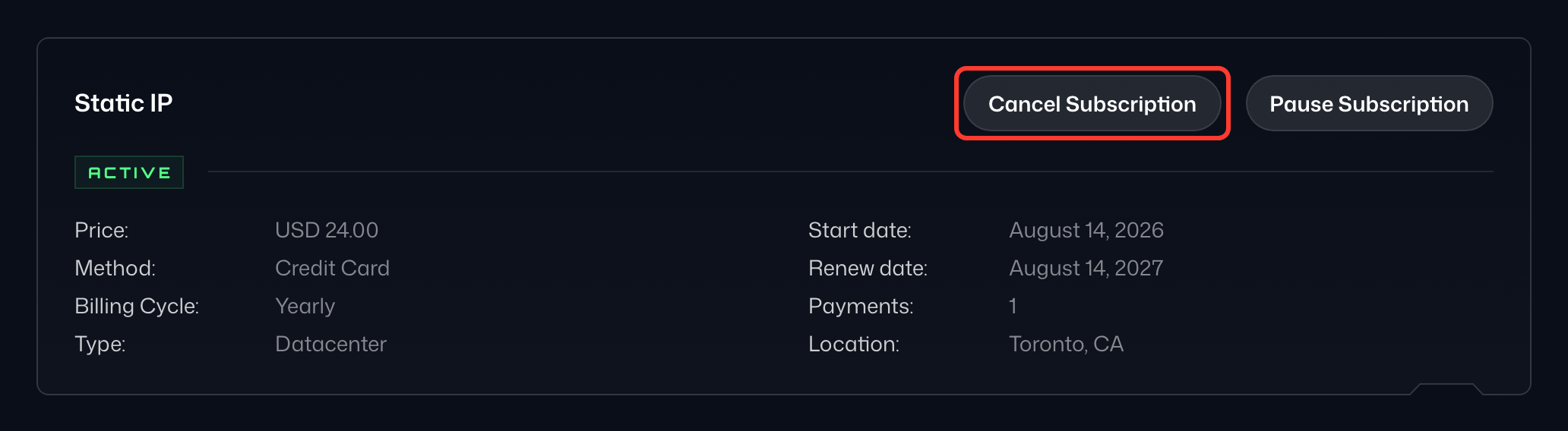 Кнопка Отменить подписку у подписки Static IP