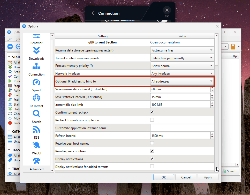 Optional IP address to bind to réglé sur All addresses