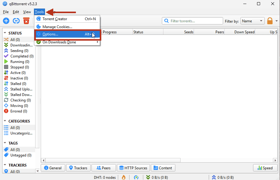 Sélection de Tools > Options dans qBittorrent