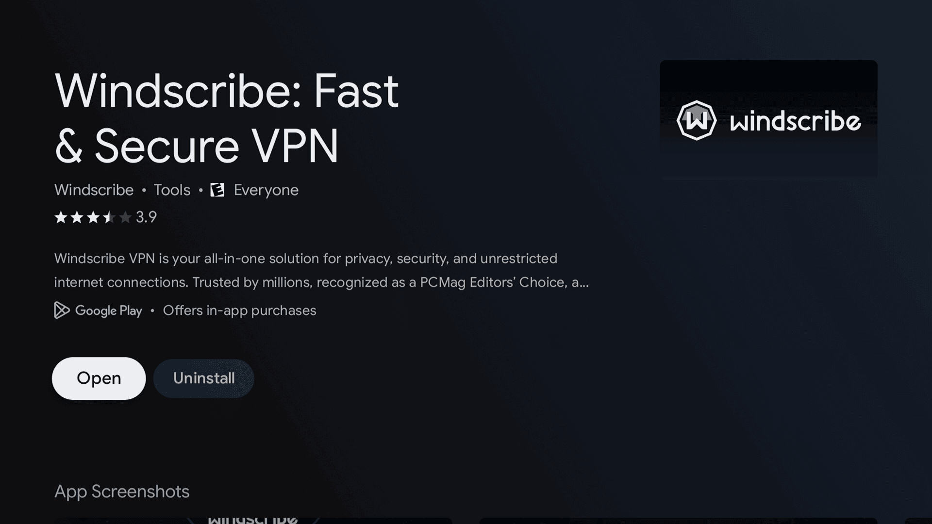 Windscribe app listing in the Google Play Store on a TCL TV