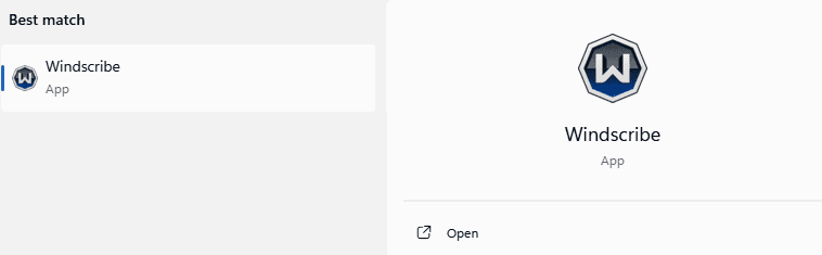 Windows 検索で Windscribe が選択され、Open 操作が表示されている画面